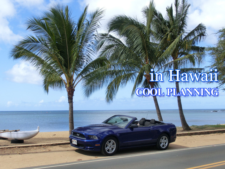 2012年11月 ハワイ 青いマスタングと青い海青い空
